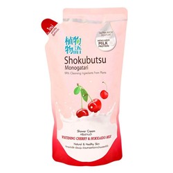 Крем-гель для душа Вишня и Молочко Хоккайдо Shokubutsu Monogatari Whitening Cherry Hokkaido Milk Shower Cream, CJ LION  500 мл (запаска)